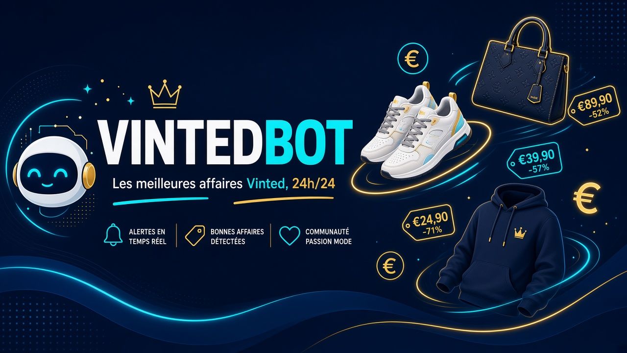 Bannière VINTEDBOT : les meilleures affaires Vinted, 24h/24